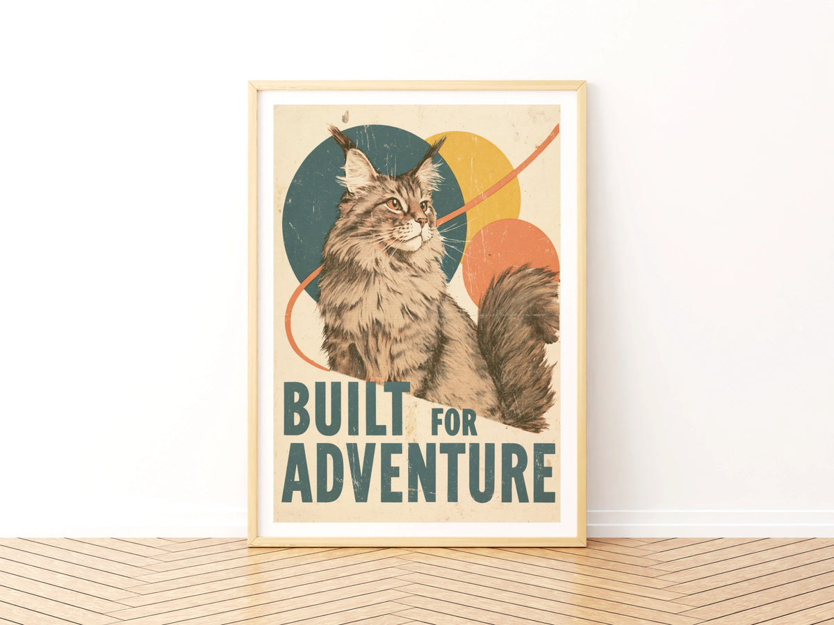 Retro Maine Coon Cat Print, Built For Adventure, Vintage Style Feline Wall Art