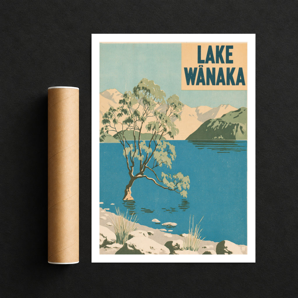 Lake Wanaka Retro Travel Print, Vintage Travel Poster, New Zealand Wall Art, Willow Tree Lake