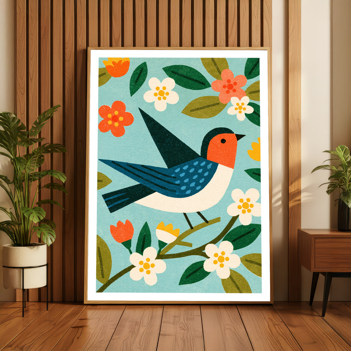 Retro Swallow Bird Print, Vintage Mid Century Floral Poster, Blossom Wall Art, Nursery Nature Decor