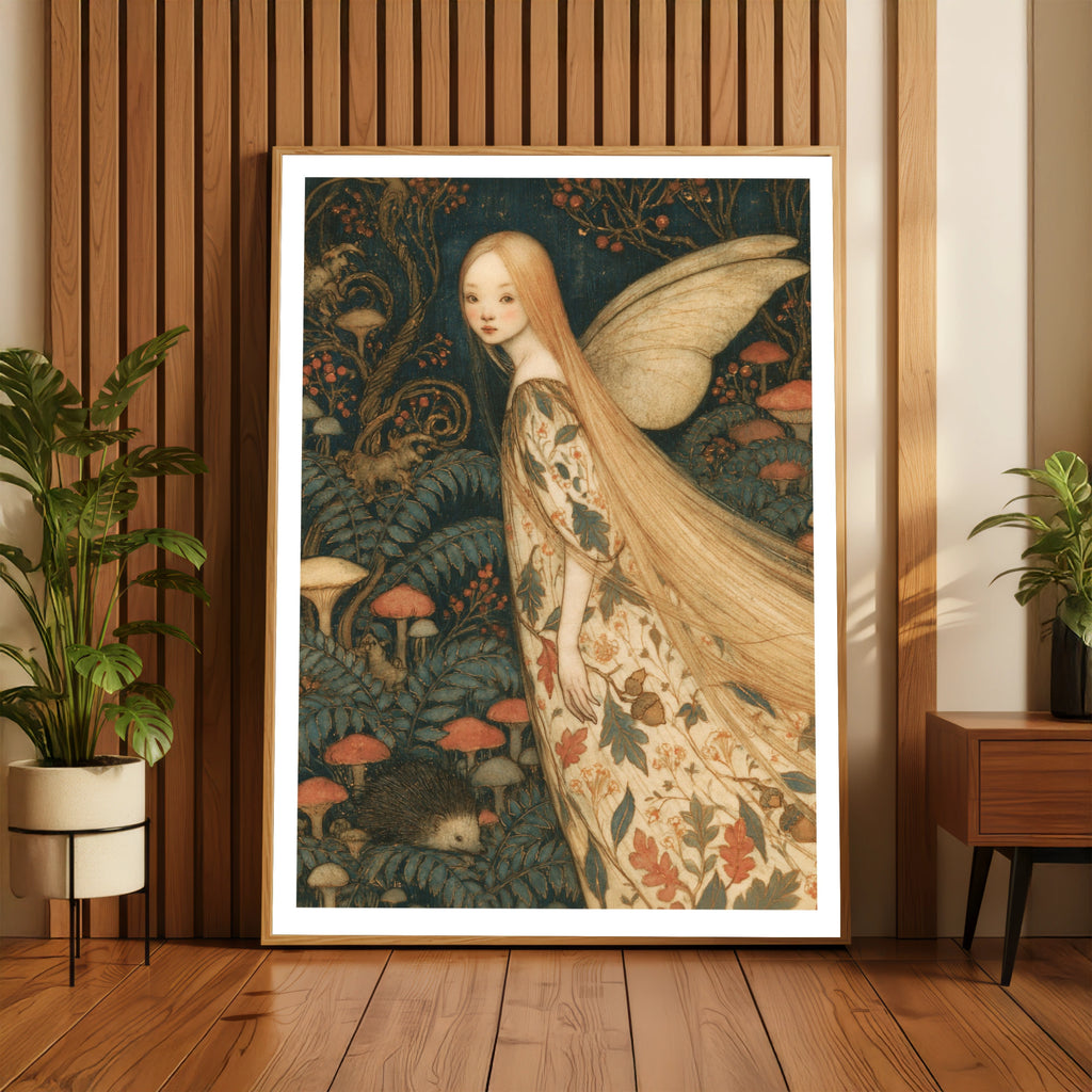 Hedgehog Fairy Art Print, Woodland Fairy Poster, Mushroom Forest Wall Art, Classic Folk Illustration