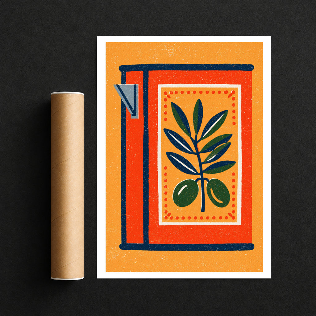 Vintage Food Poster Print, Olive Tin Can Art, Rustic Kitchen Decor, Retro Mid Century Risograph