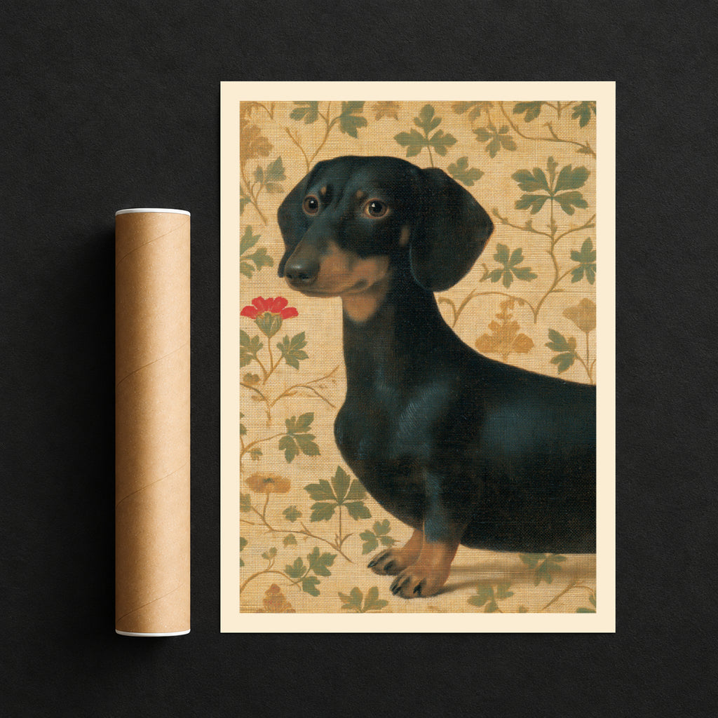 Vintage Dachshund Print, Black and Tan Sausage Dog Poster, Botanical Leaf Wallpaper, Dog Lover Wall