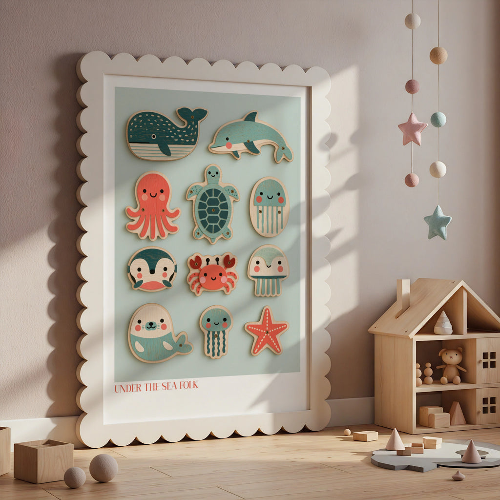 Under the Sea Folk Retro Children's Print, Cute Ocean Animals Nursery Poster, Kids Wall Art
