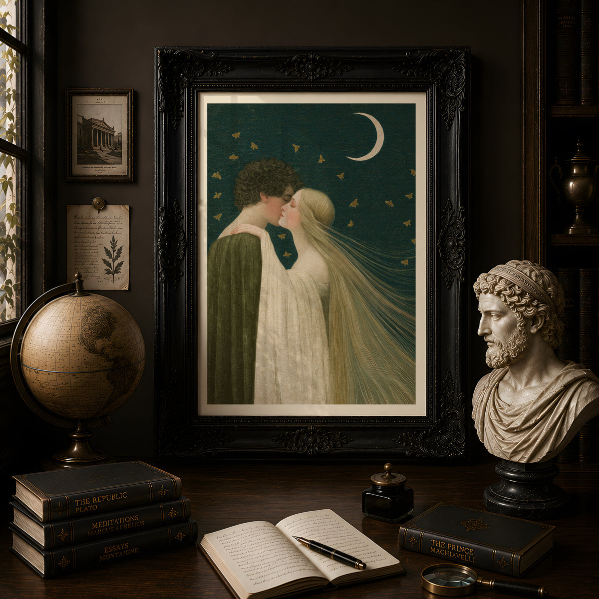 Romantic Couple Kissing Under Crescent Moon, Vintage Art Nouveau Print, Moths, Night Sky Wall Art