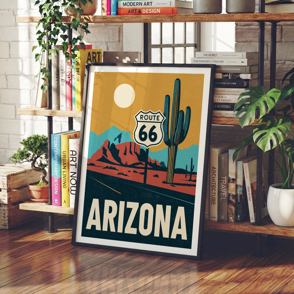 Arizona Route 66 Retro Travel Poster, USA Desert Wall Art, Cactus Road Trip Print