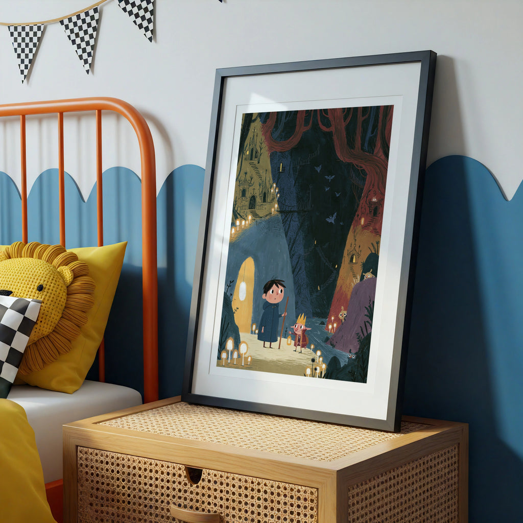 Retro Children's Fantasy Cave Print, Folk Art Kids Poster, Elf King Boy Adventure Wall Art