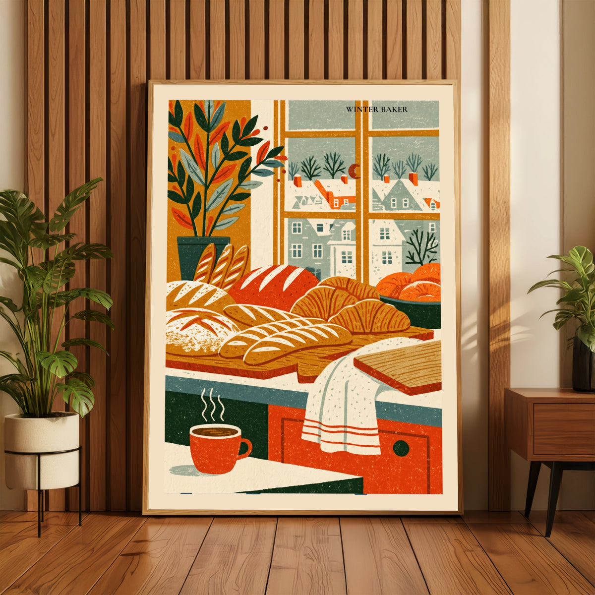 Vintage Food Poster Print, Winter Baker Bread Art, Rustic Kitchen Decor, Retro Mid Century Risograph