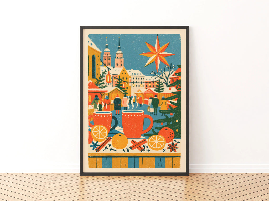 Vintage Christmas Market Poster, Mulled Wine Wall Art, Festive Winter Print, Retro Holiday Decor