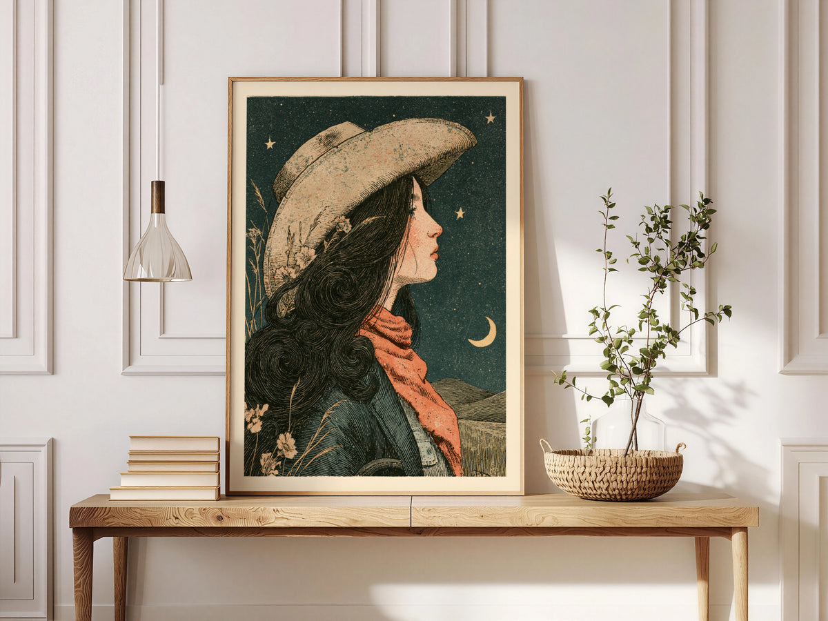 Vintage Cowgirl Wall Art, Western Poster, Starry Night Sky Print, Wildflowers, Crescent Moon Decor