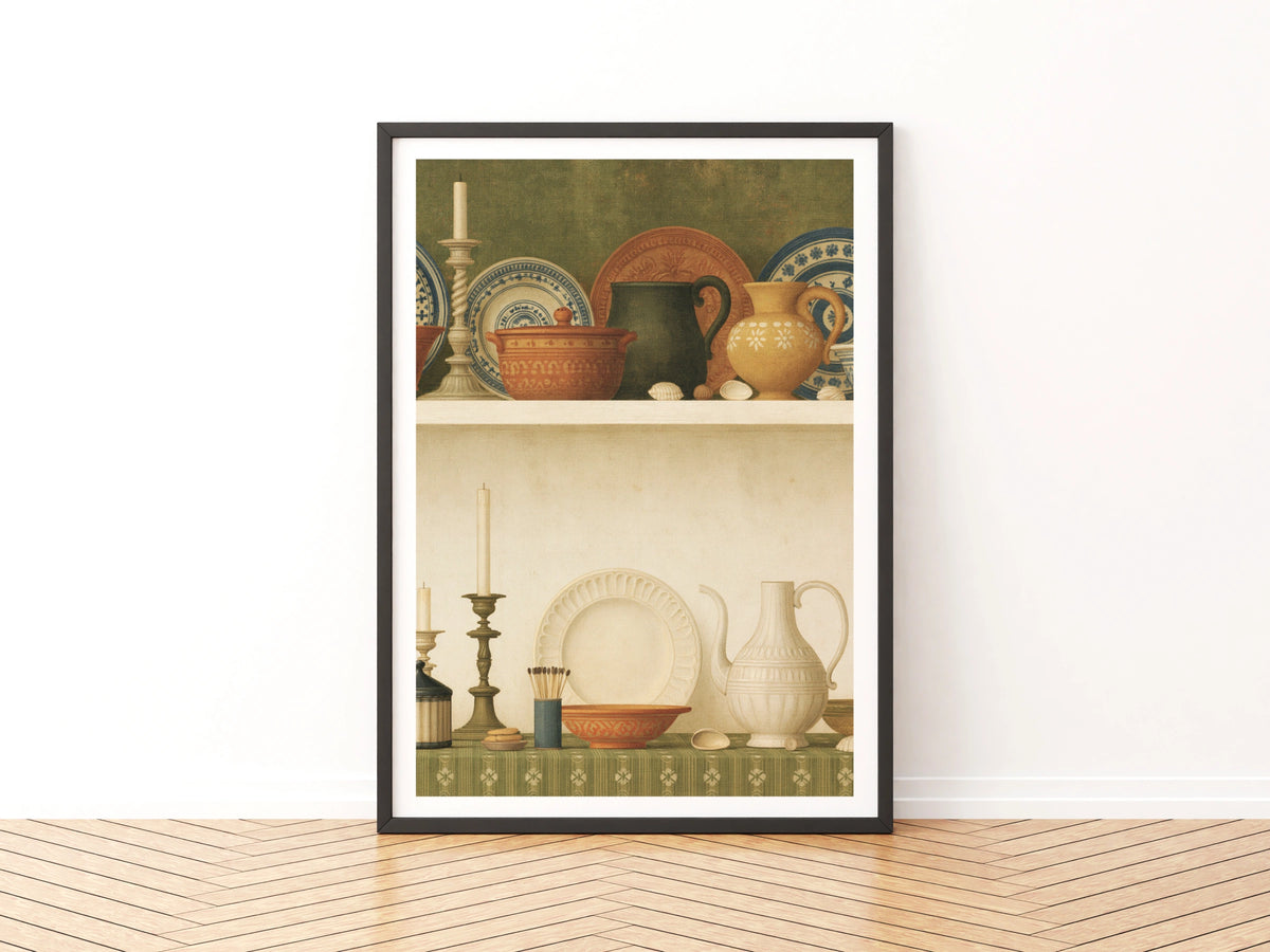 Classic Kitchen Shelf Still Life Print, Vintage Pottery Wall Art, Rustic Ceramic Decor Poster