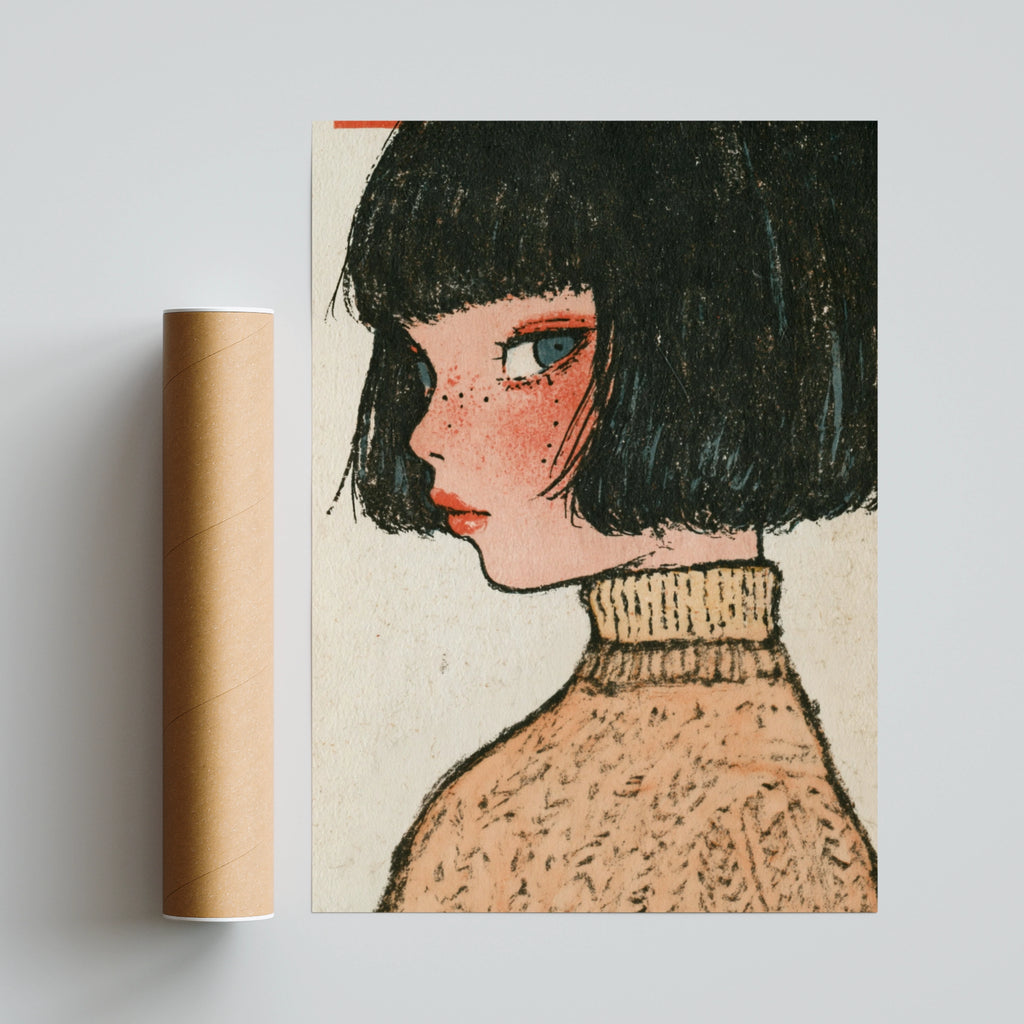 Retro Kawaii Girl Portrait Poster, Bob Hair Freckles Art Print, Vintage Illustrated Woman Wall Art