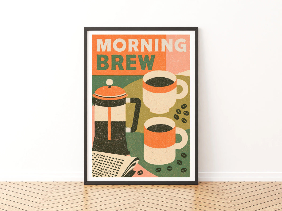 Morning Brew Coffee Poster Print, Vintage Food Poster Print, Rustic Kitchen Decor, Retro Mid Century Kitchen Art