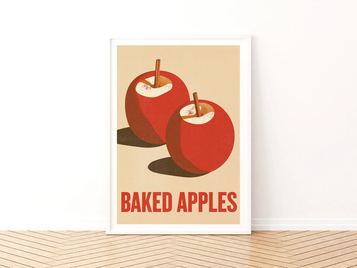 Baked Apples Vintage Food Poster Print | Rustic Kitchen Decor | Retro Mid Century Risograph Art