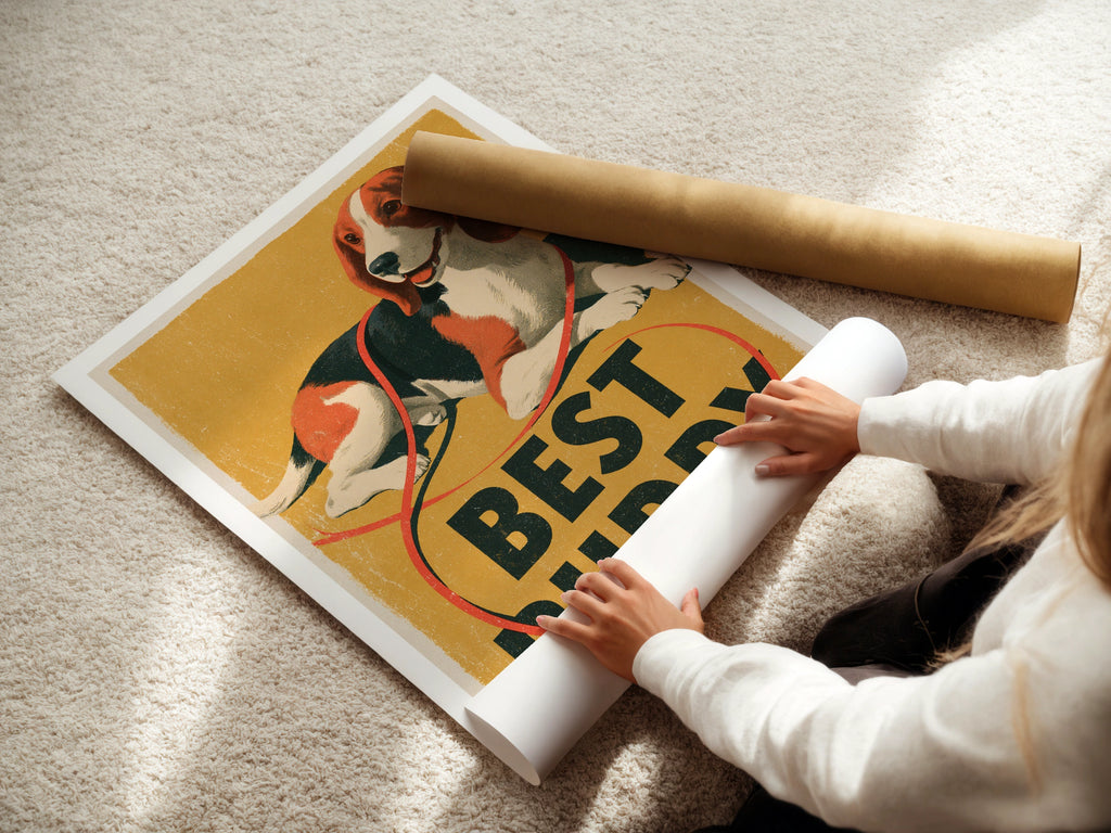 Retro Beagle Poster, Best Buddy Dog Print, Vintage Folk Style Wall Art, Mustard Yellow