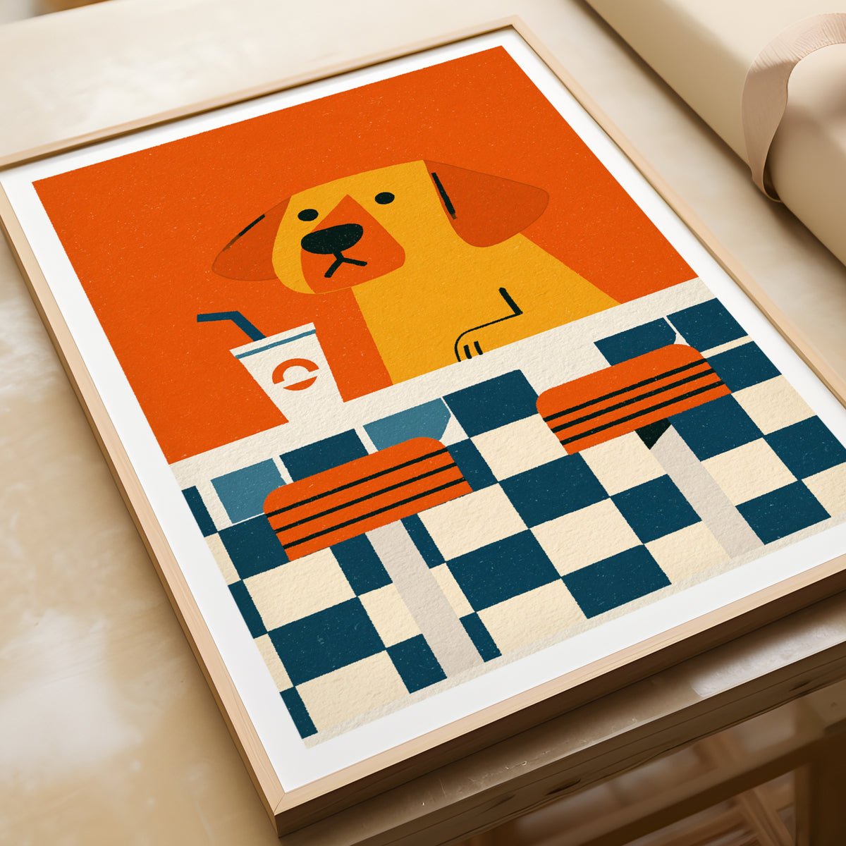Retro Dog Diner Poster, Vintage Style Dog Wall Art, Funky Orange Animal Print for Kitchen
