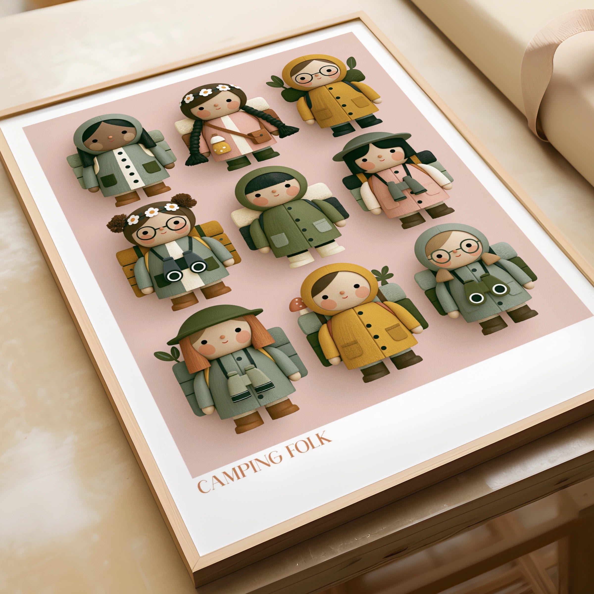 Camping Folk Retro Kids Wall Art, Cute Hiking Characters Poster, Children's Collectable Print