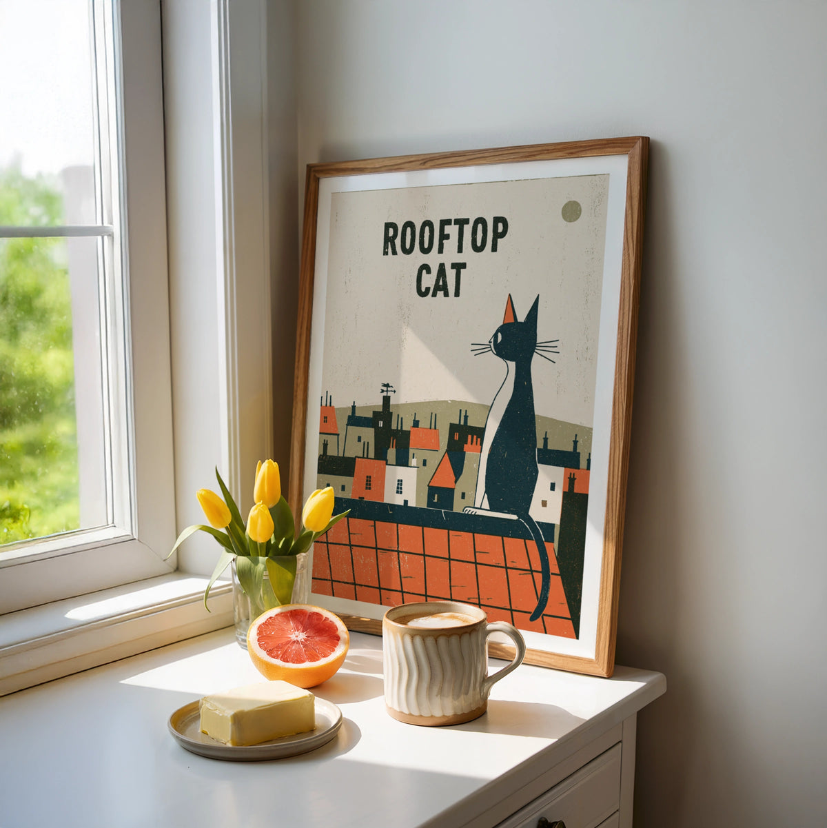Rooftop Cat Print, Retro Black Cat Wall Art, Folk Style Cat Lover Gift, Vintage Town