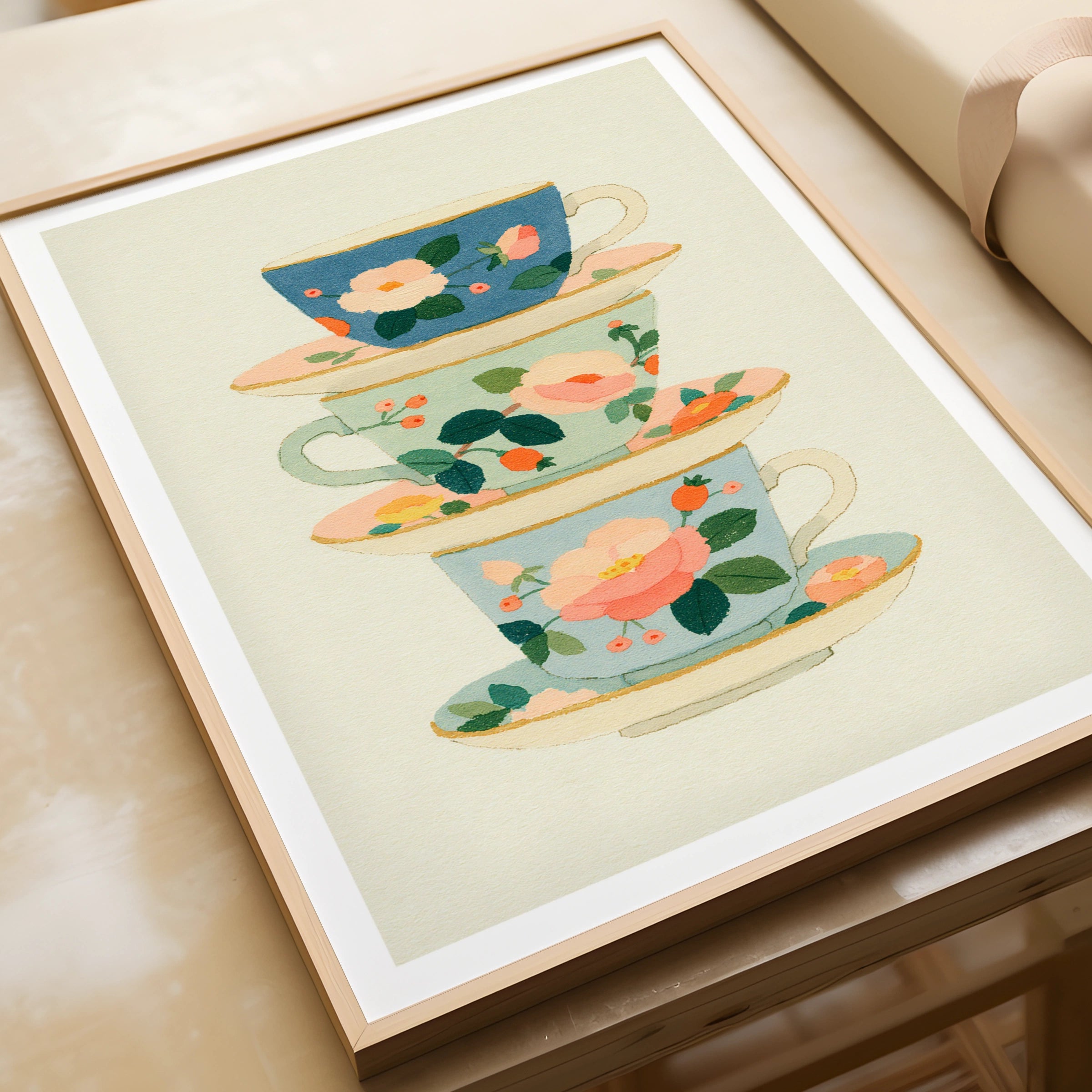 Vintage Food Poster Print, Stacked Teacups, Rustic Kitchen Decor, Floral Tea Art