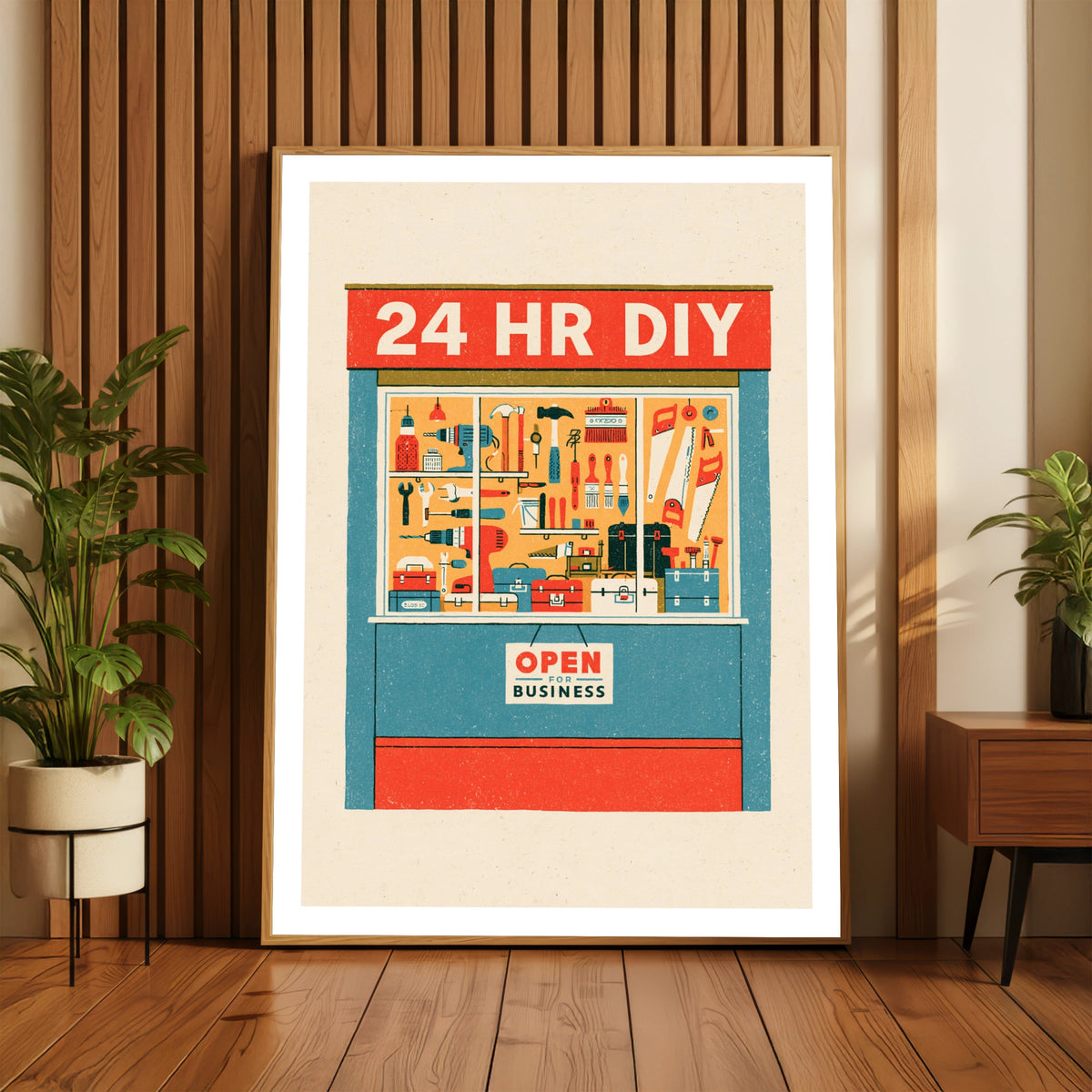 24 HR DIY Retro Tool Shop Poster, Vintage Hardware Store Wall Art Print