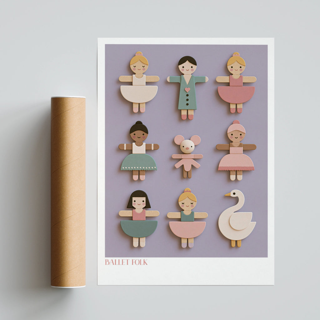 Ballet Folk Retro Nursery Poster, Wooden Toy Ballerina Wall Art, Children's Collectable Print