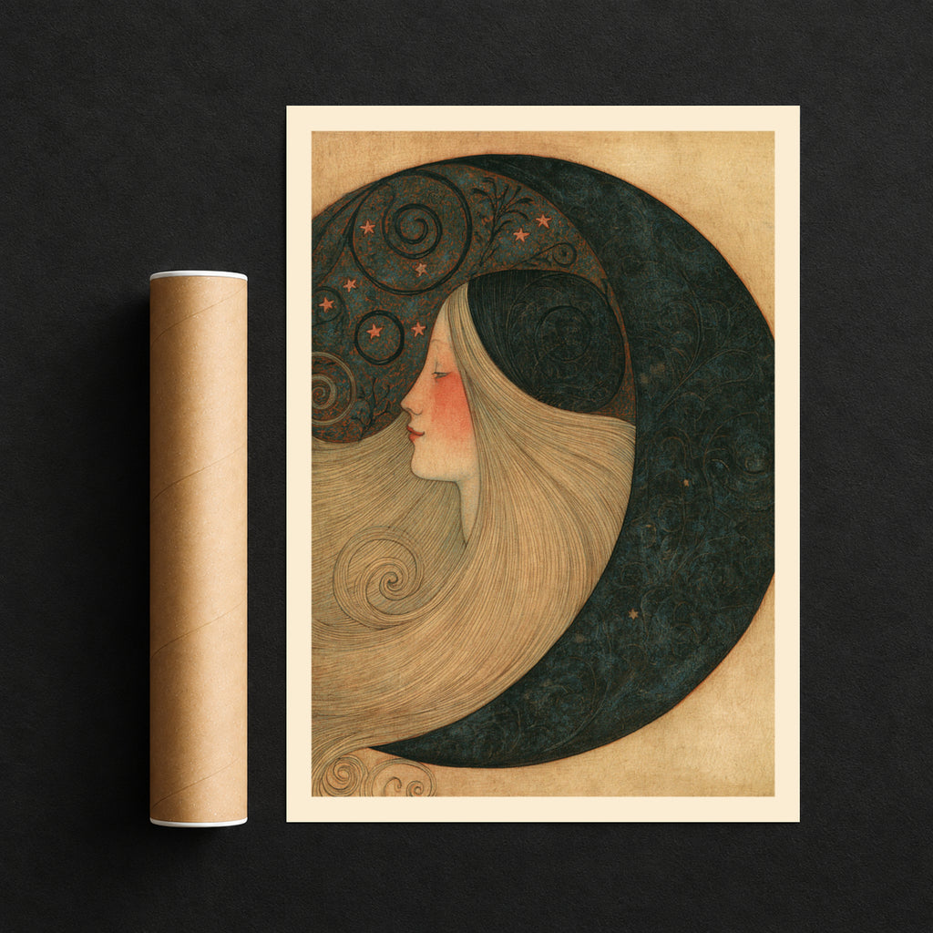 Crescent Moon Woman Art Nouveau Print, Celestial Wall Art, Vintage Moon Goddess Poster, Stars
