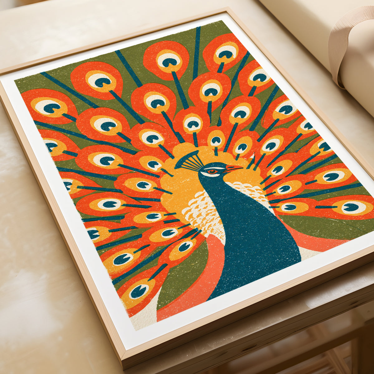 Retro Peacock Wall Art, Vintage Bird Poster, Mid Century Animal Print, Bold Orange Feather Decor