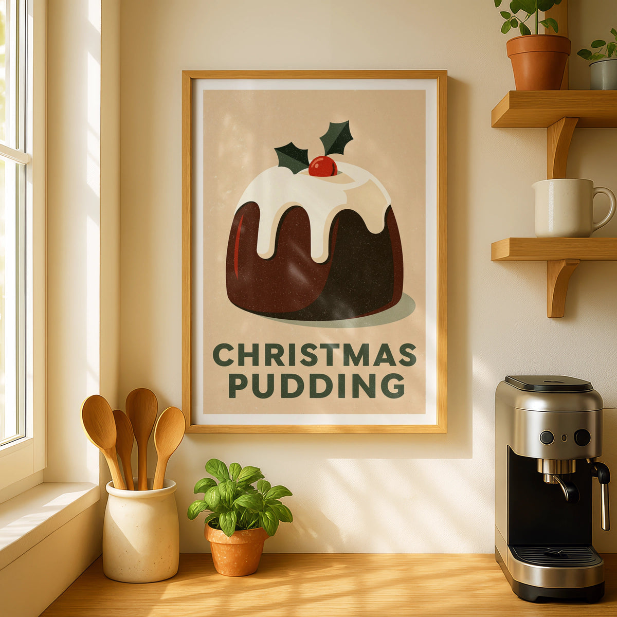 Christmas Pudding Vintage Food Poster Print | Rustic Kitchen Decor | Retro Mid Century Risograph