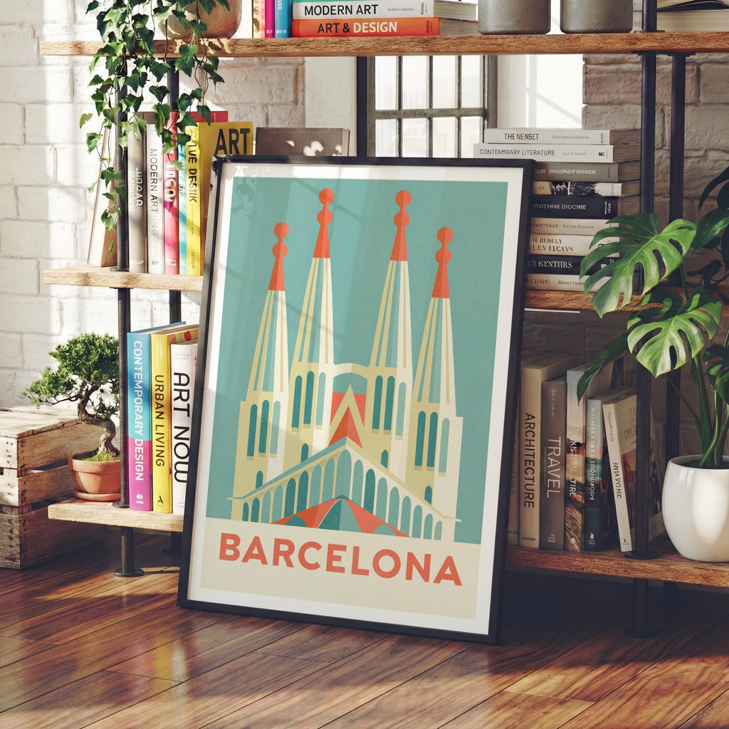 Barcelona Retro Travel Poster, Sagrada Familia Spain Wall Art Print, Teal