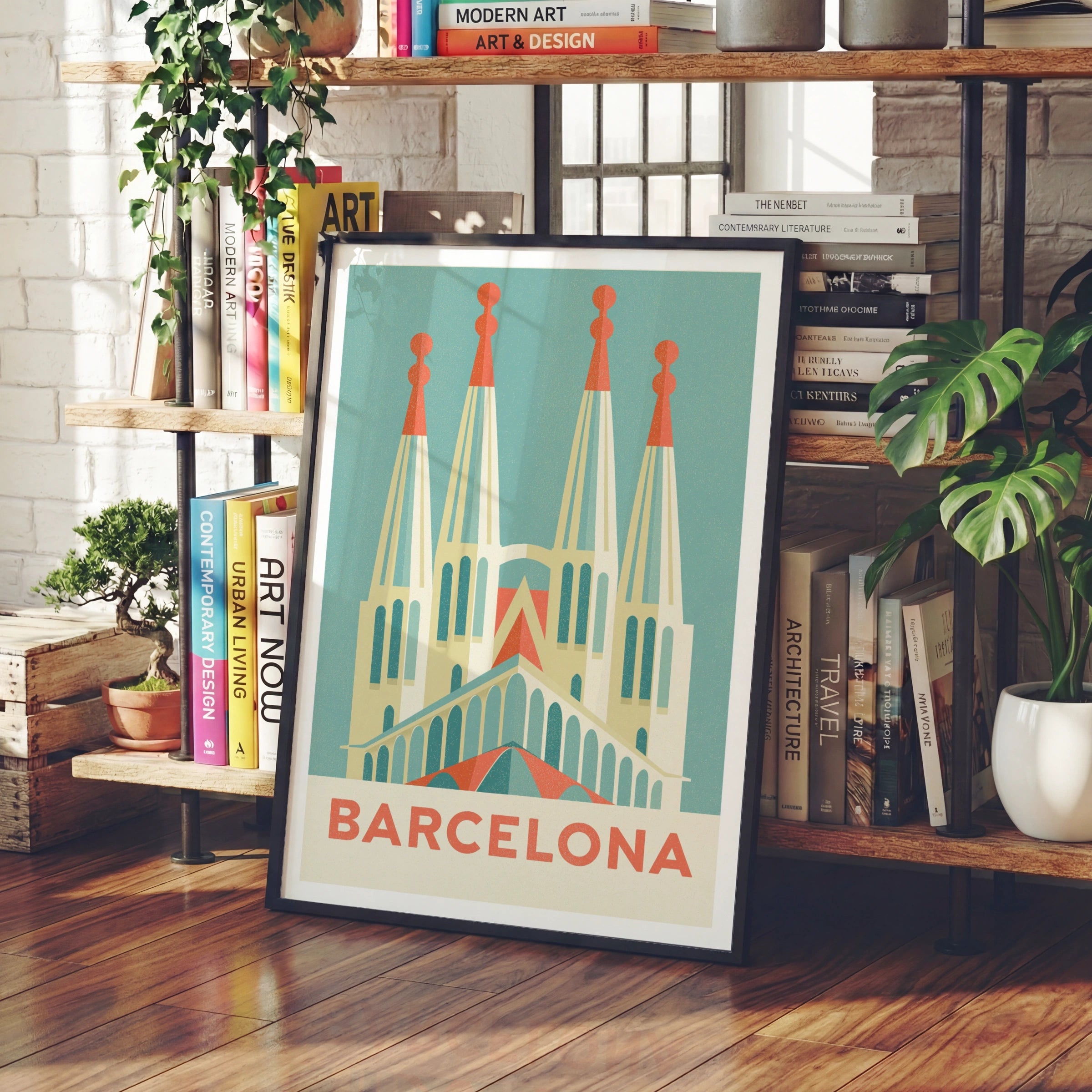 Barcelona Retro Travel Poster, Sagrada Familia Spain Wall Art Print, Teal