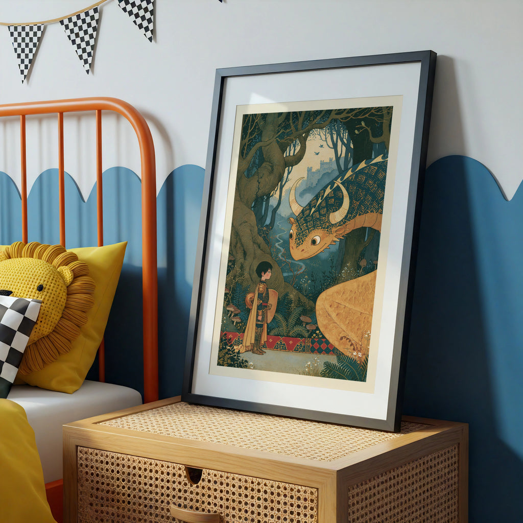 The Boy Knight and Dragon Print, Retro Children's Fantasy Poster, Fairy Tale Kids Wall Art