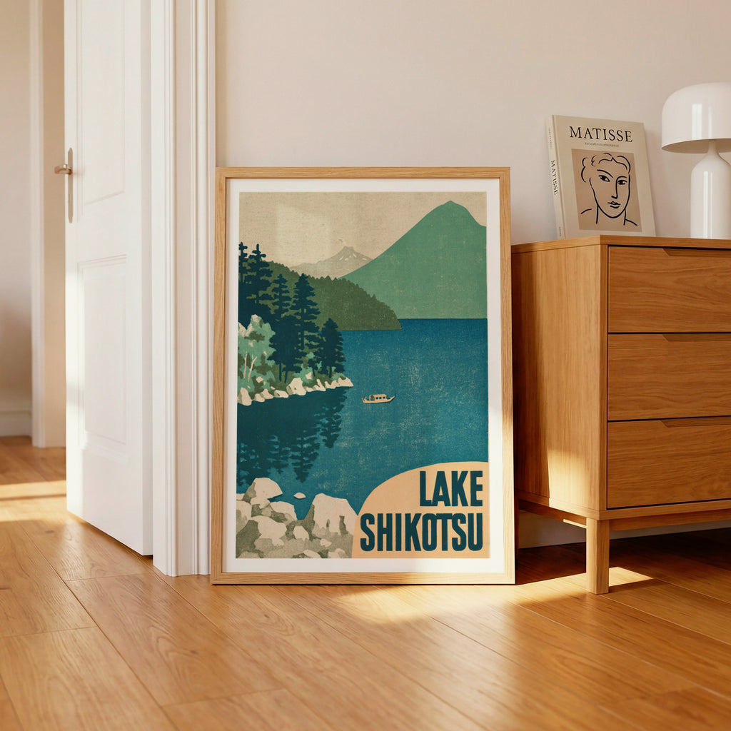 Retro Lake Shikotsu Poster, Vintage Travel Print, Hokkaido Japan Wall Art, Japanese Lake Scene