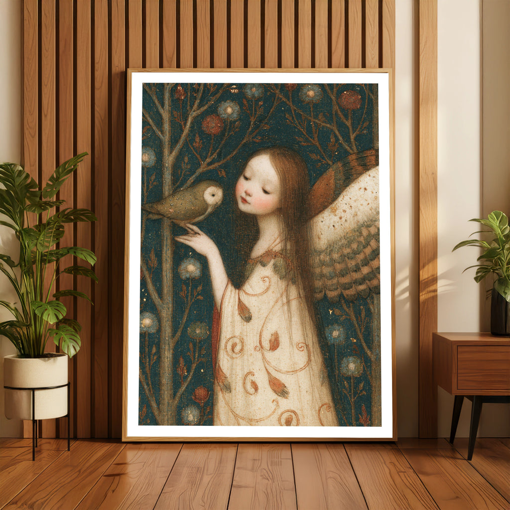 Owl Fairy - Classic Inspired Fairy Print, Folk Art Poster, Teal Floral Wall Art