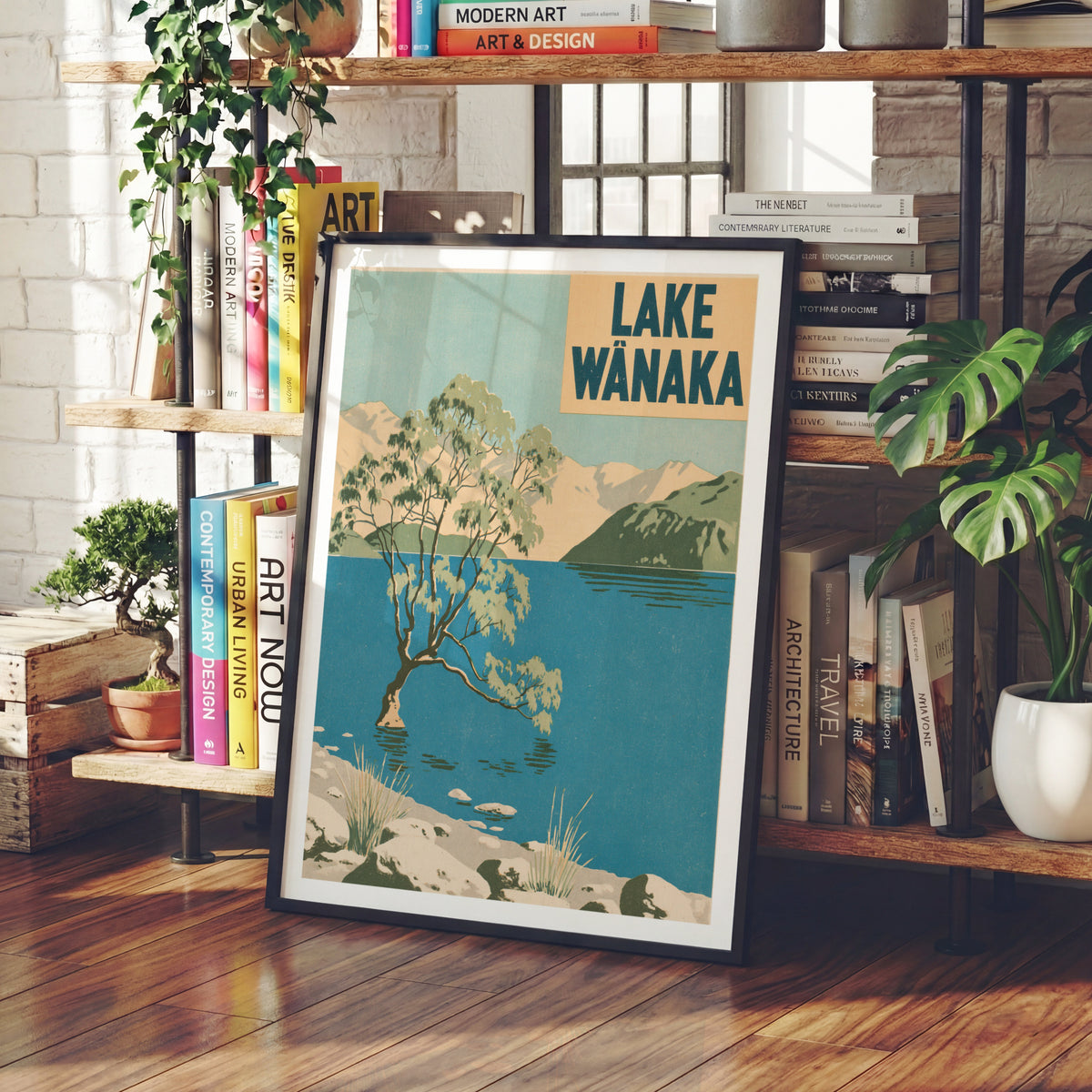 Lake Wanaka Retro Travel Print, Vintage Travel Poster, New Zealand Wall Art, Willow Tree Lake