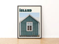 Iceland Travel Poster, Island Retro Print, Corrugated Iron Home, Teal Nordic Wall Art