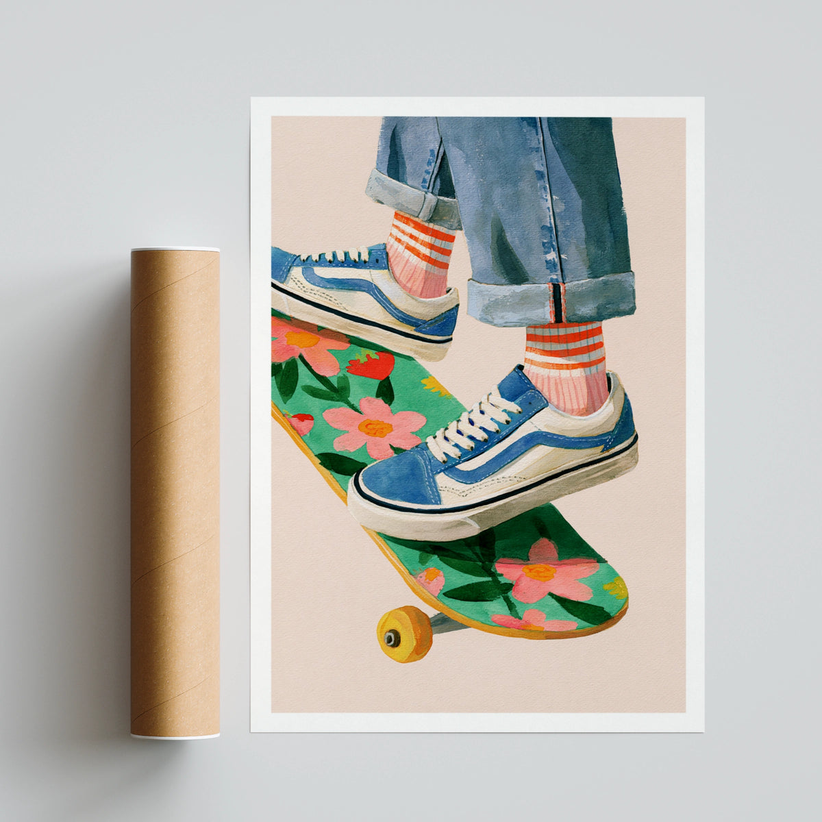 Retro Skater Print, Floral Skateboard Poster, Kids Room Wall Art, Colourful Children's Collectable