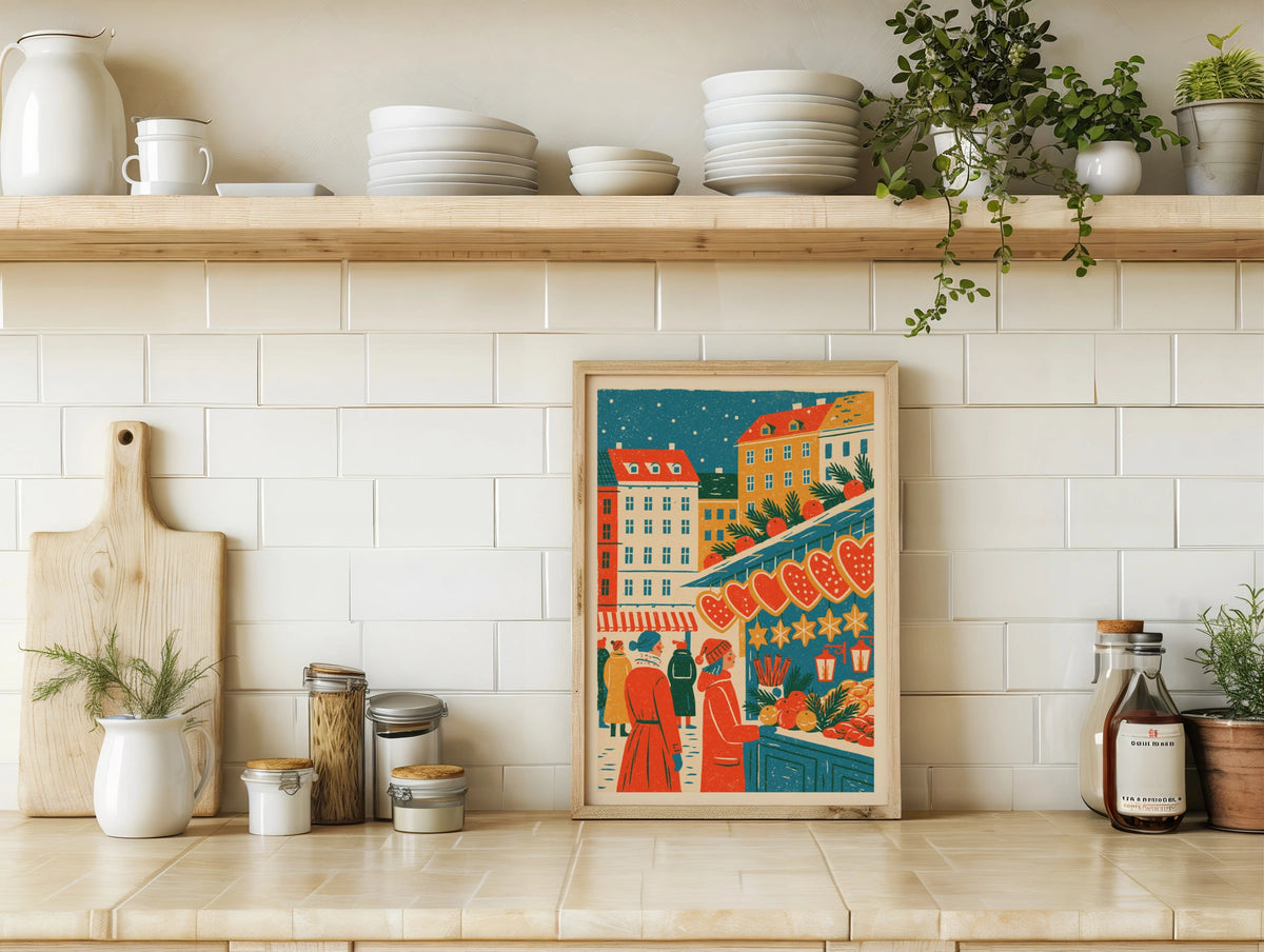 Vintage Food Poster Print, Christmas Market Stall, Rustic Kitchen Decor, Retro Mid Century Risograph