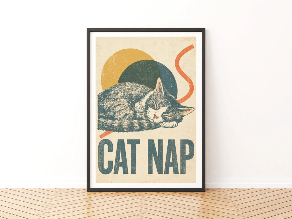 Cat Nap Retro Print, Sleeping Cat Wall Art, Vintage Folk Style Cat Lover Gift