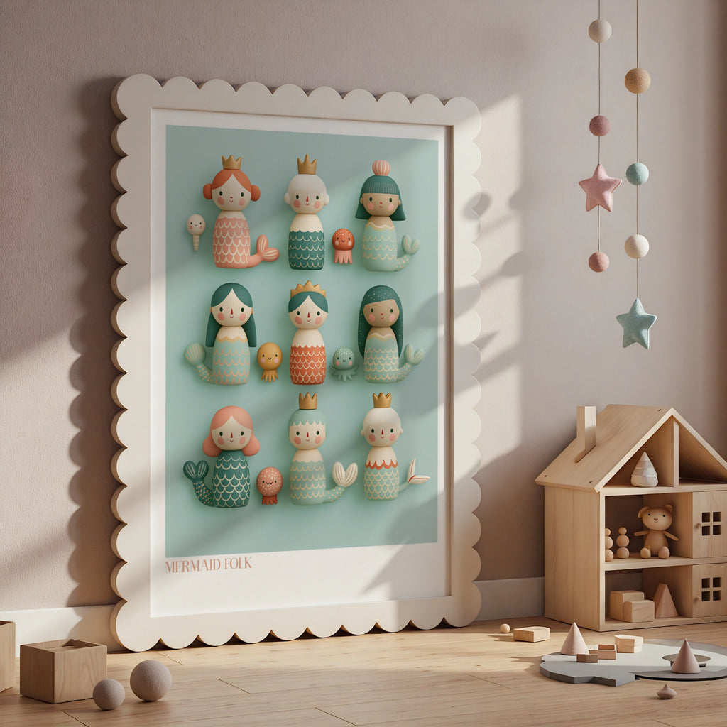 Mermaid Folk Art Print, Retro Children's Poster, Cute Wooden Toy Collectables Wall Art