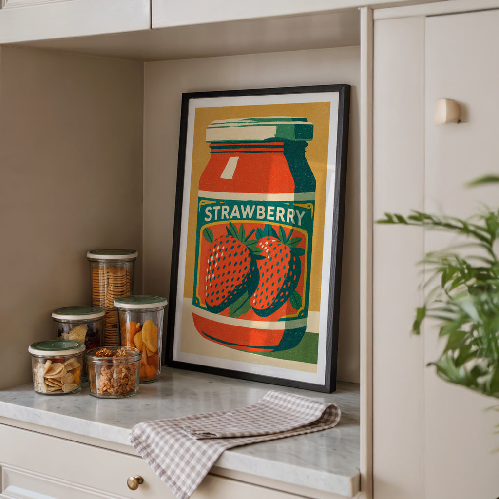Vintage Food Poster Print, Strawberry Jam Jar, Rustic Kitchen Decor, Retro Mid Century Risograph