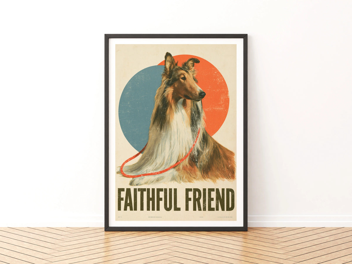 Retro Collie Dog Print, Faithful Friend Folk Art, Vintage Style Dog Wall Art Gift