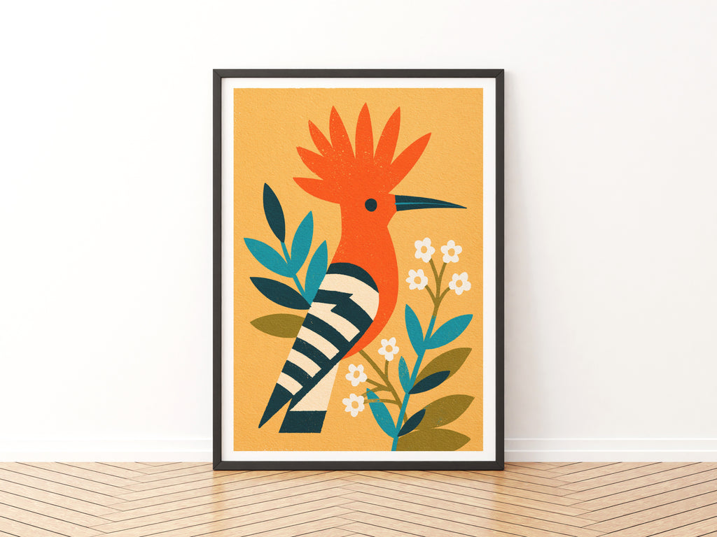 Retro Hoopoe Bird Poster, Vintage Mid Century Modern Wall Art, Orange Botanical Animal Art Print