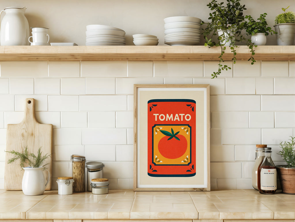 Vintage Food Poster Print, Tomato Can, Rustic Kitchen Decor, Retro Mid Century Risograph Wall Art