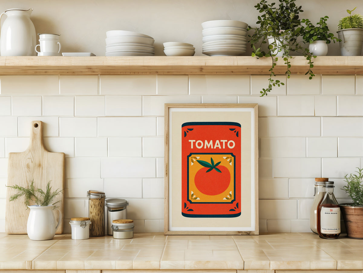 Vintage Food Poster Print, Tomato Can, Rustic Kitchen Decor, Retro Mid Century Risograph Wall Art