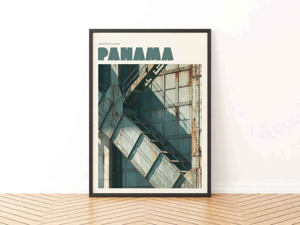 Panama Canal Print, Contemporary Travel Poster, Lock Gate Wall Art, Teal Industrial Decor