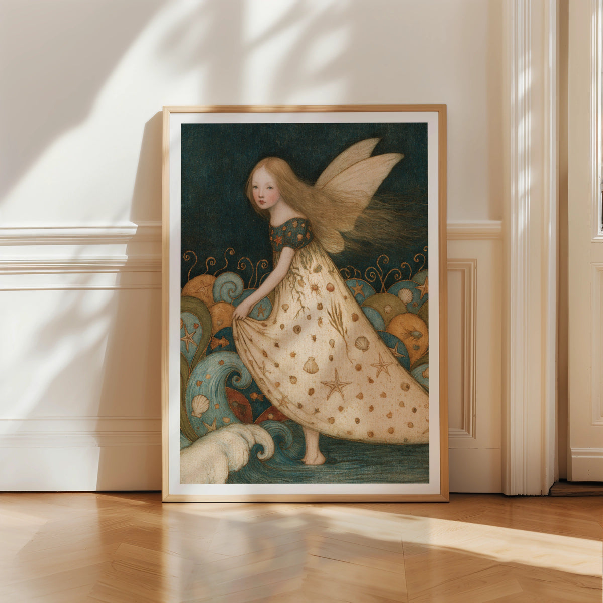 Sea Fairy Classic Inspired Print, Ocean Fairy Wall Art, Seashell Fairy Poster, Teal Folk Art