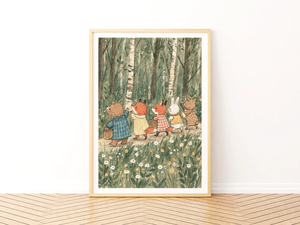 Woodland Animal Friends Forest Walk Print, Retro Unisex Children', Nursery Wall Art