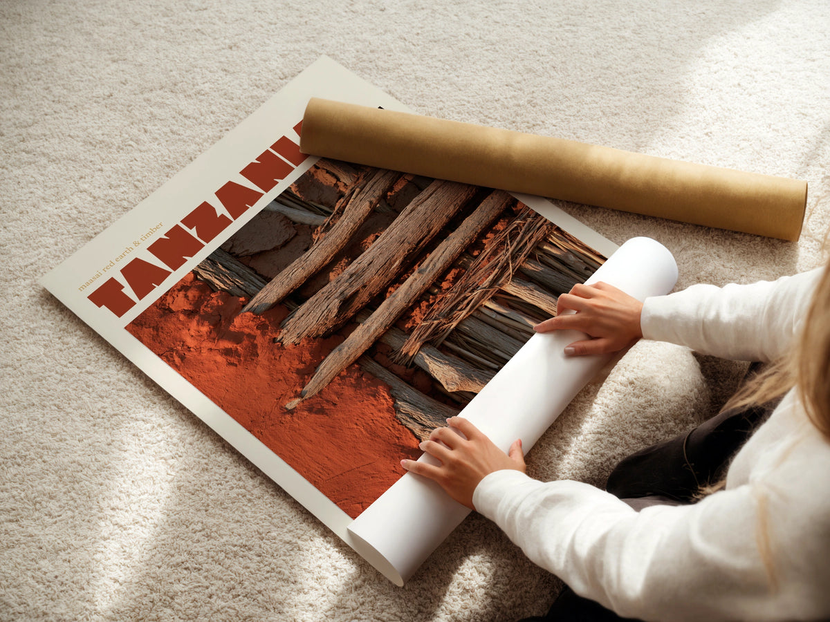Tanzania Retro Travel Poster, Maasai Red Earth Print, African Wall Art, Terracotta Decor