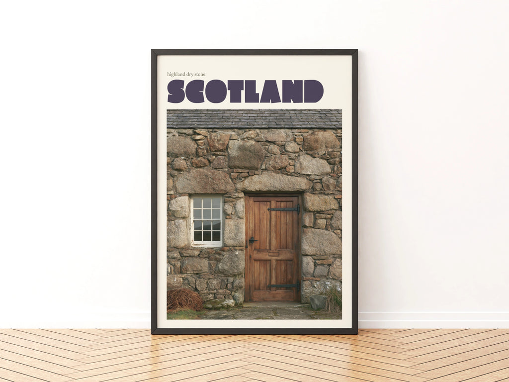 Scotland Retro Travel Poster, Highland Dry Stone Cottage, Scottish Wall Art Print