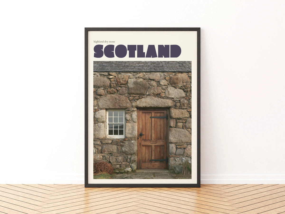 Scotland Retro Travel Poster, Highland Dry Stone Cottage, Scottish Wall Art Print