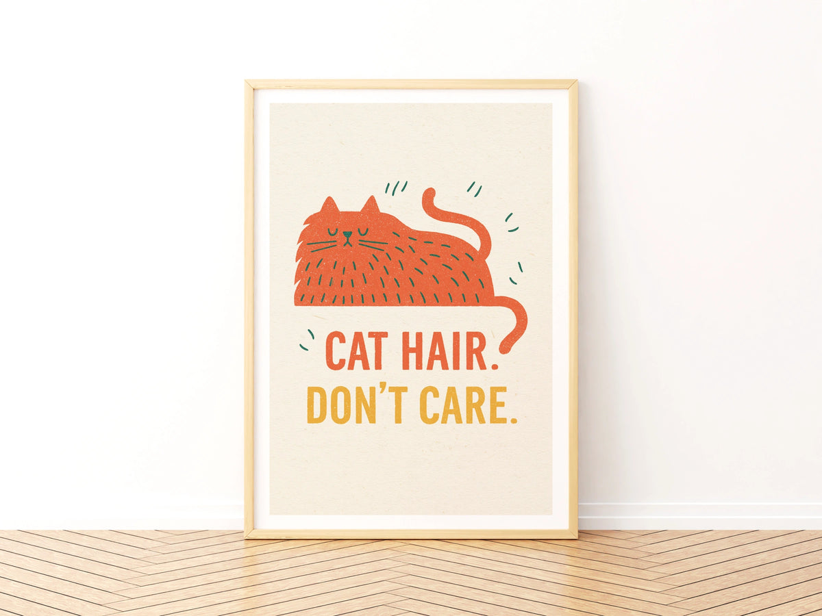 Cat Hair Don't Care Print, Funny Retro Cat Wall Art, Folk Style Ginger Cat Gift